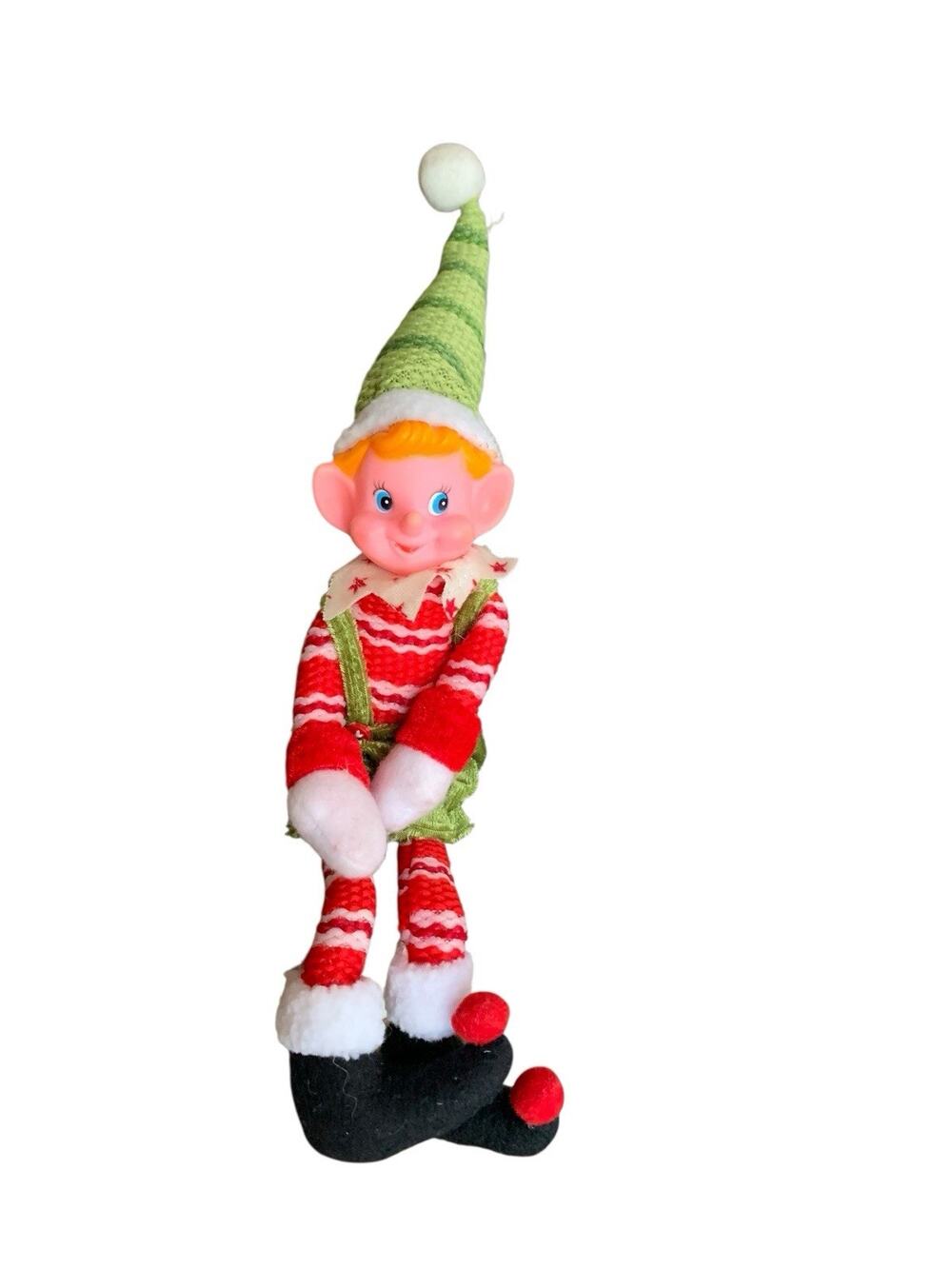 Vintage Christmas Pixie Elf Poseable Ornament Christmas Stripes Cloth Body Pink